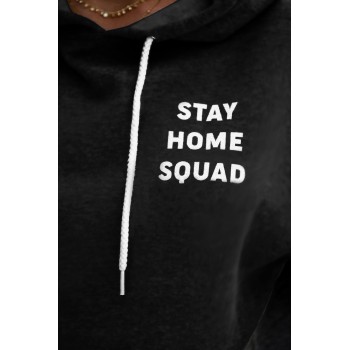 Black Stay Home Squad Pocketed Cotton Blend Hoodie Blue Gray